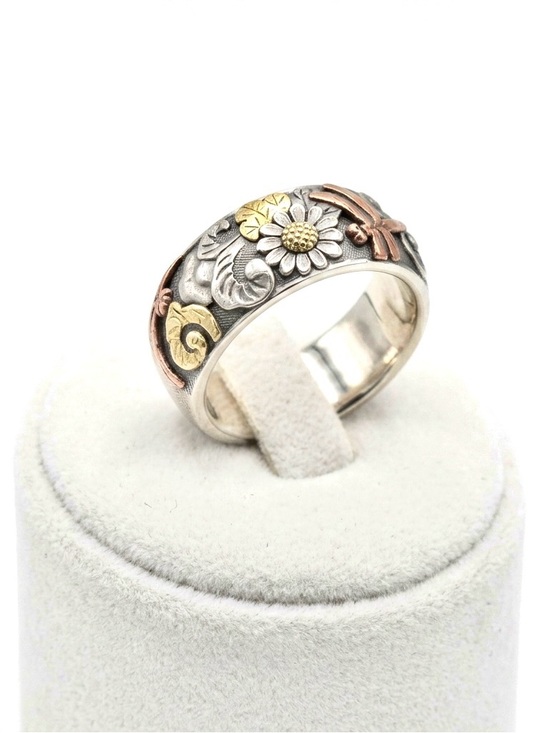 Vintage Jewelry - Vintage S925 750 Sterling Silver Rose Gold Carved Dragonfly Sunflower Ring